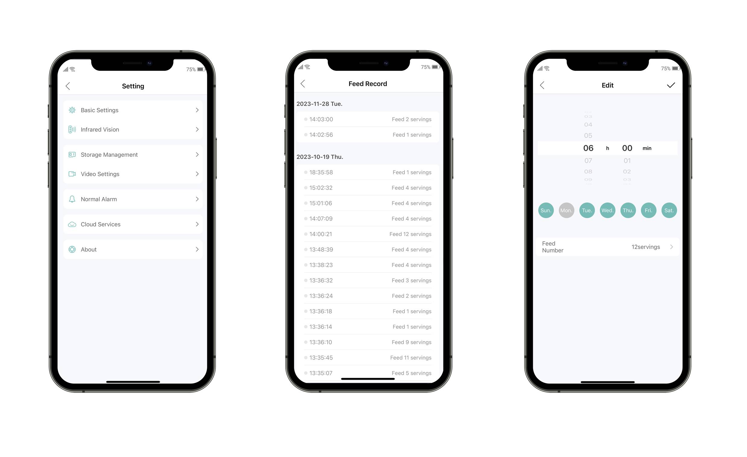 Trois écrans de smartphone montrent les paramètres, les enregistrements d'alimentation et les options de modification d'une application de nourrissage pour animaux.