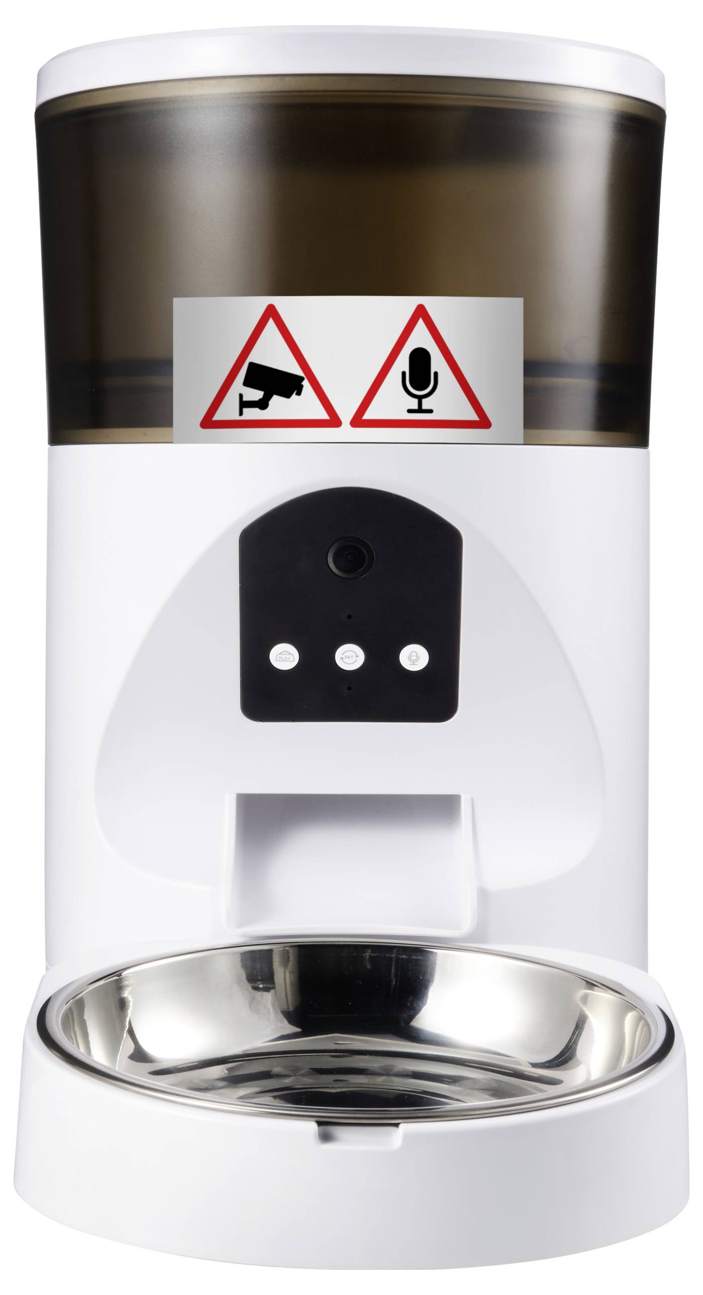 Un distributeur automatique blanc avec des symboles de caméra et de microphone. Le compartiment à nourriture en haut est transparent et brun.