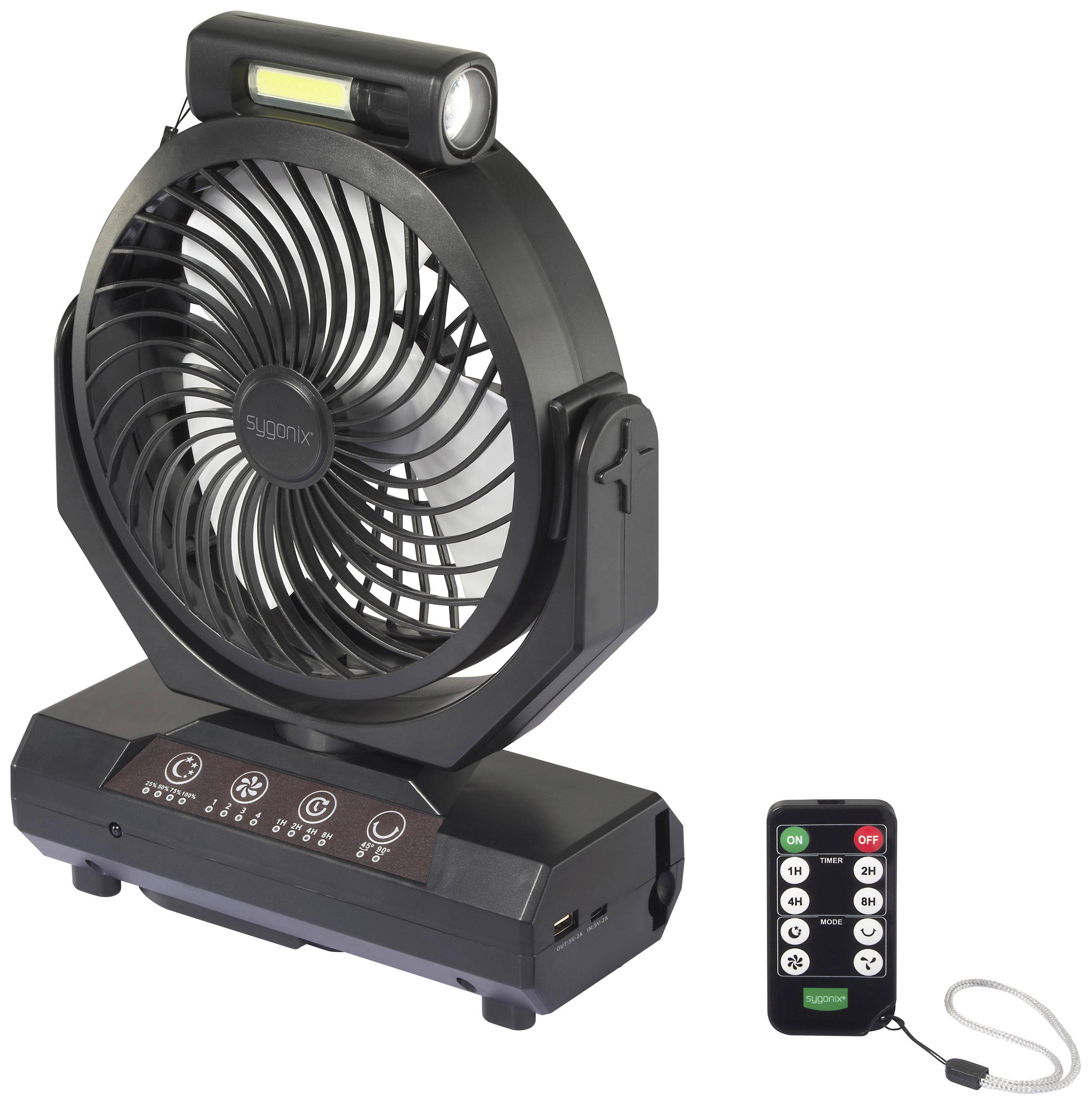 Ventilateur portable avec éclairage LED et télécommande. Le ventilateur est noir, dispose de touches de commande et de deux ports USB.