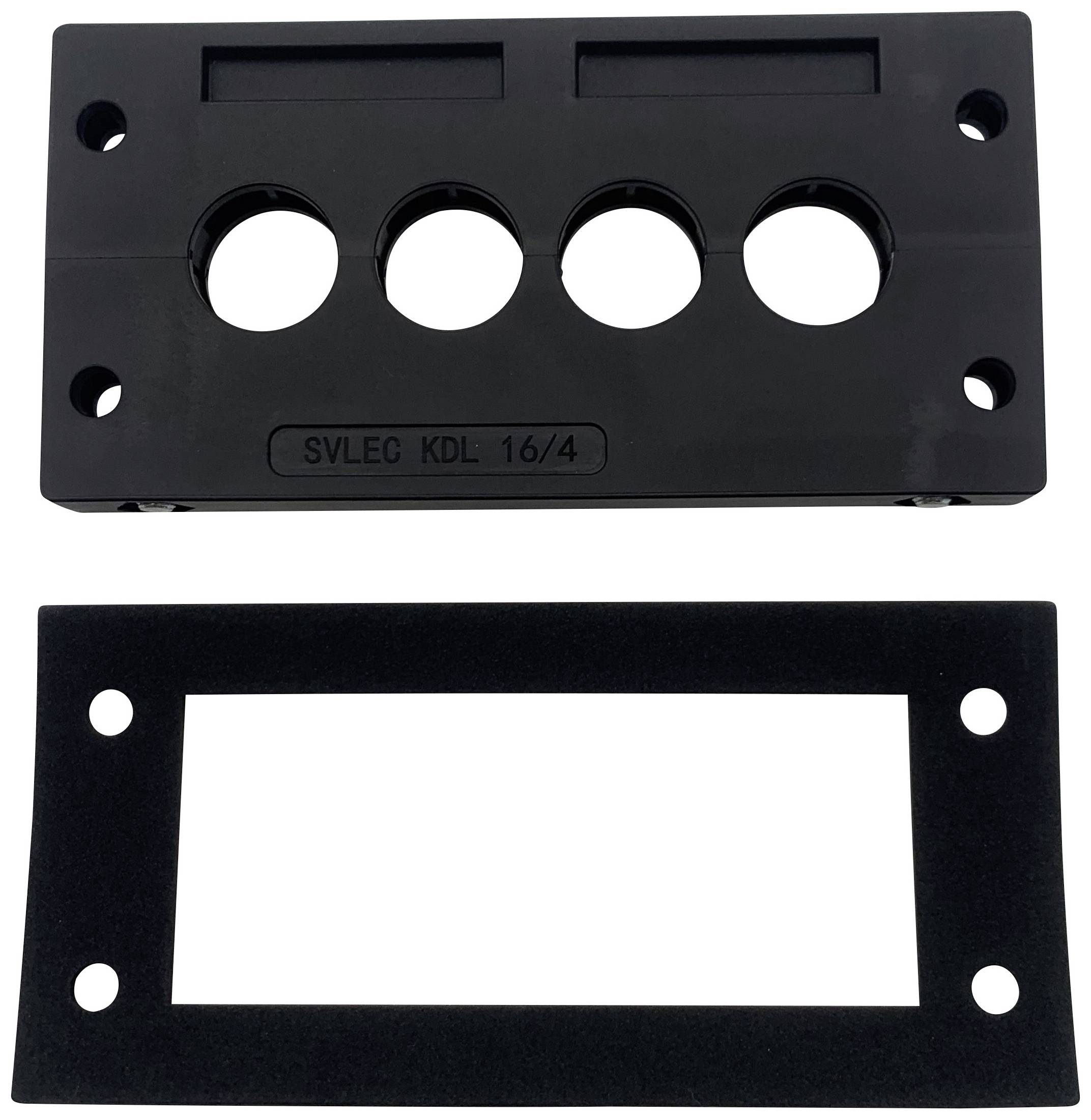 Un composant en plastique noir avec quatre ouvertures rondes et un couvercle rectangulaire amovible ; adapté pour les passages de câbles.