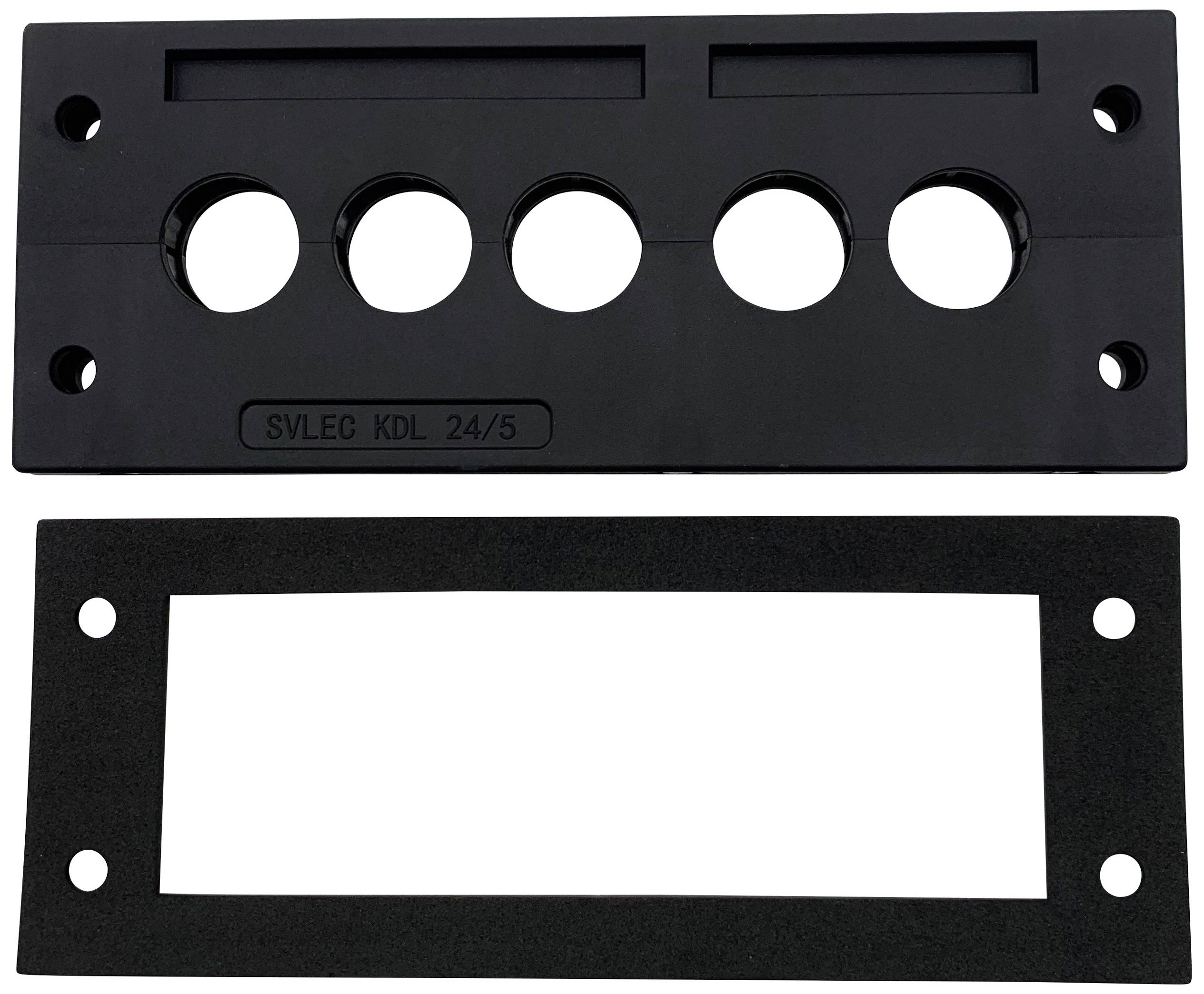 Un morceau rectangulaire de plastique noir avec cinq trous ronds. En dessous se trouve un joint en caoutchouc rectangulaire aux mêmes dimensions.