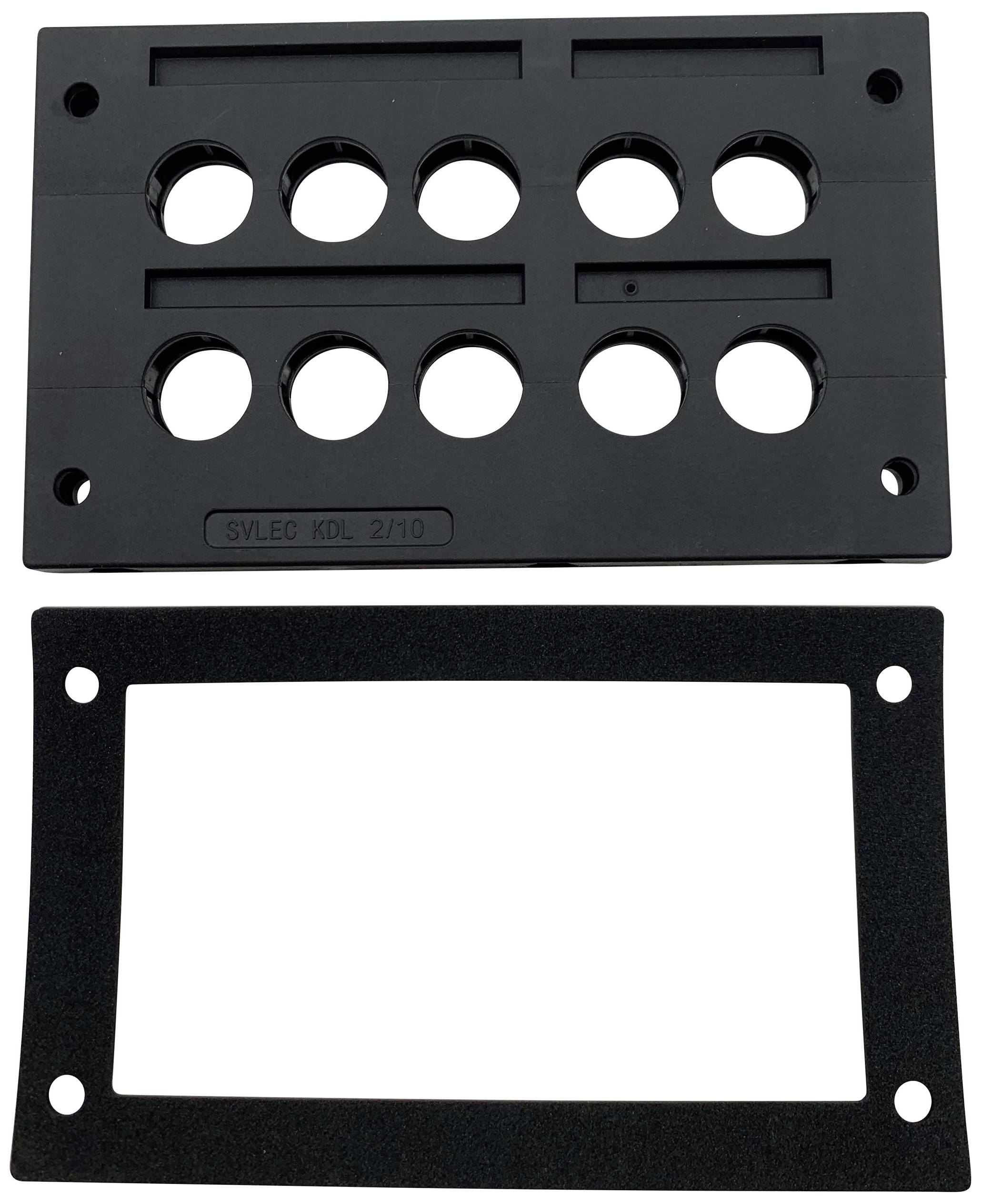 Plaque rectangulaire noire en plastique avec plusieurs ouvertures rondes et un cadre en dessous. Adaptée aux systèmes de câblage ou de montage.