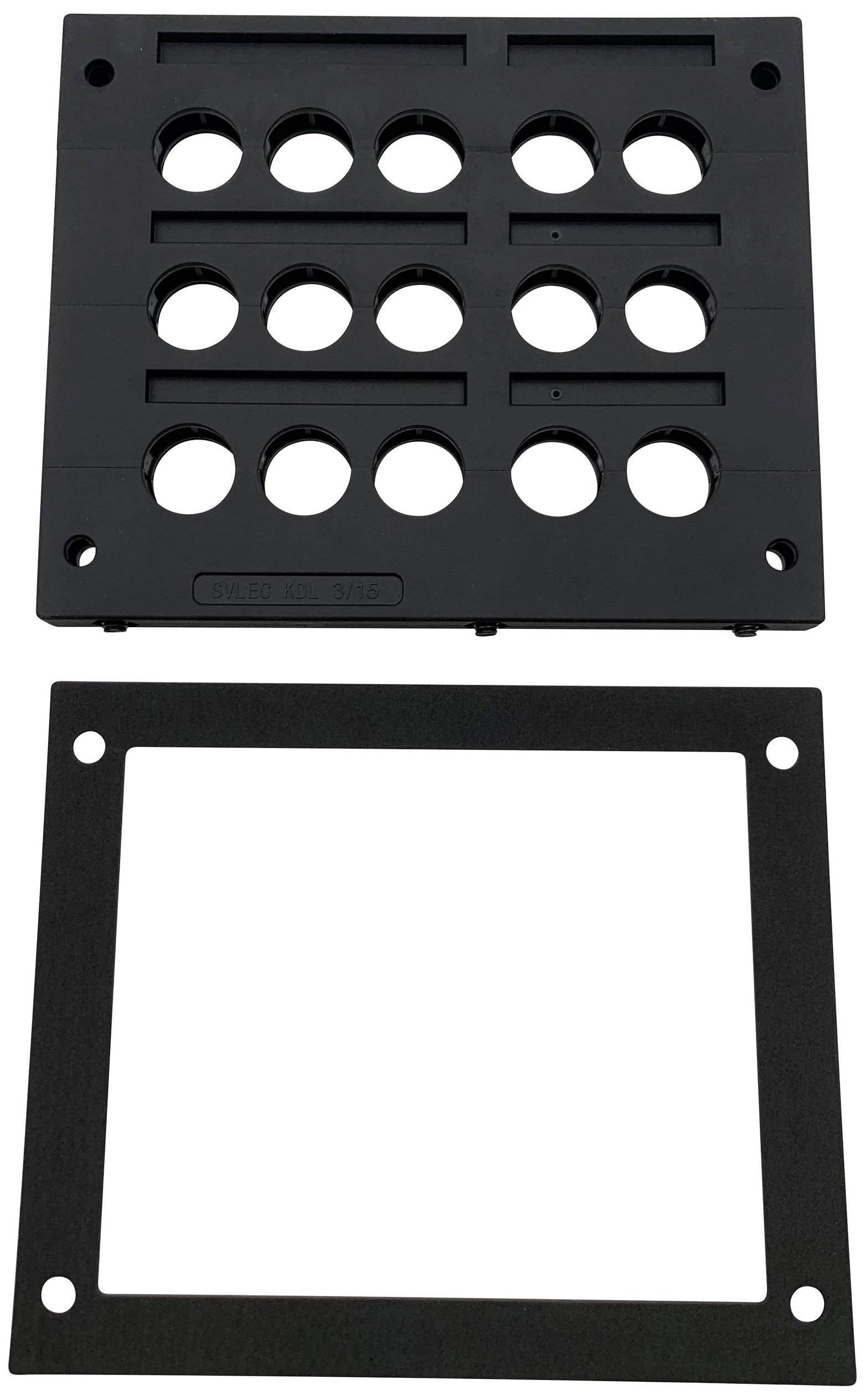 Support en plastique noir avec des découpes rondes et un cadre rectangulaire séparé. Pièces pour applications techniques ou boîtiers.