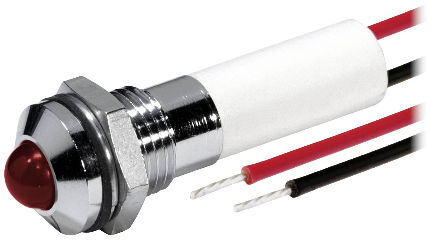 Un bouton-poussoir LED rouge avec filetage, boîtier métallique argenté et deux fils de connexion rouge et noir, adapté aux commandes d'appareils.