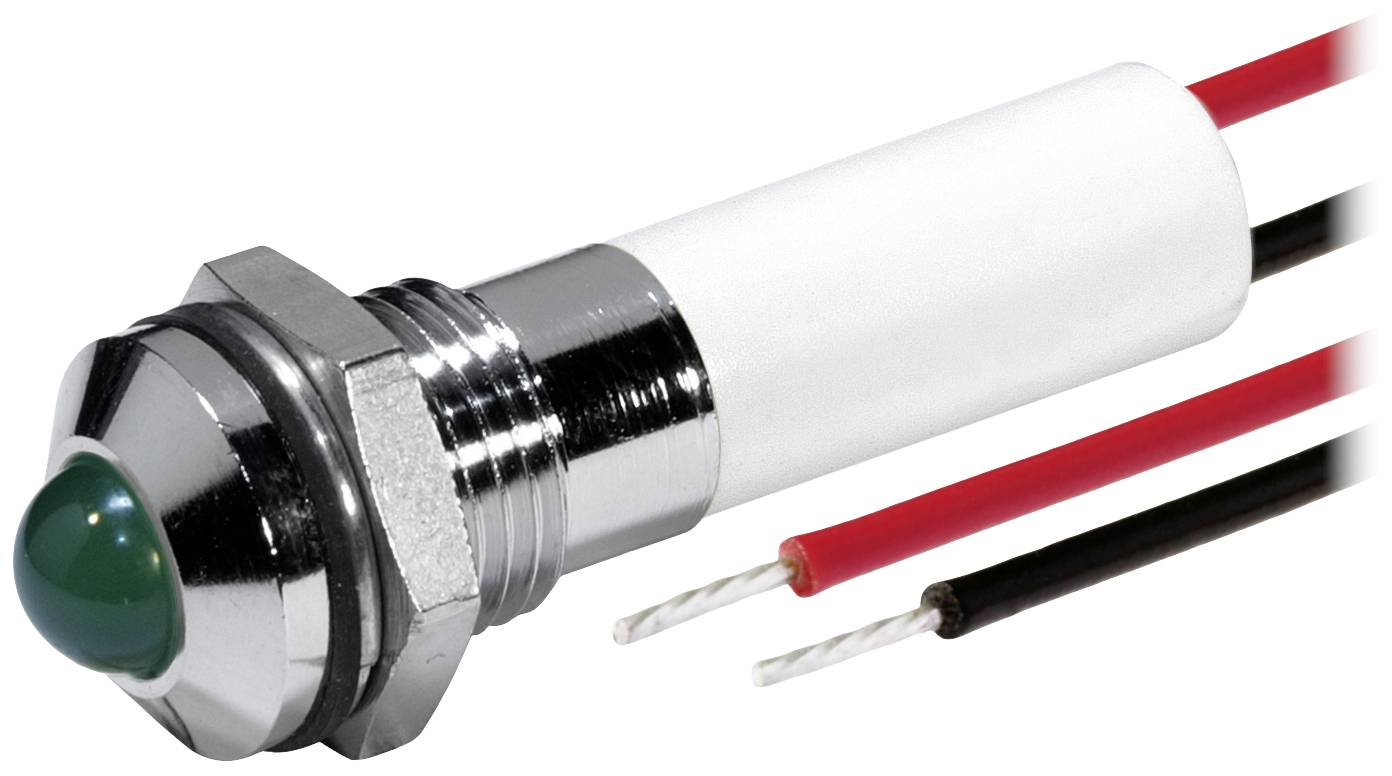 Un indicateur LED vert avec boîtier métallique et deux fils connectés, rouge et noir, pour l'alimentation électrique.