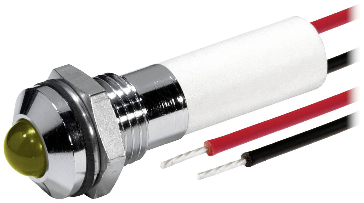 Lampe LED jaune dans un boîtier métallique fileté. Deux fils, rouge et noir, pour la connexion électrique.