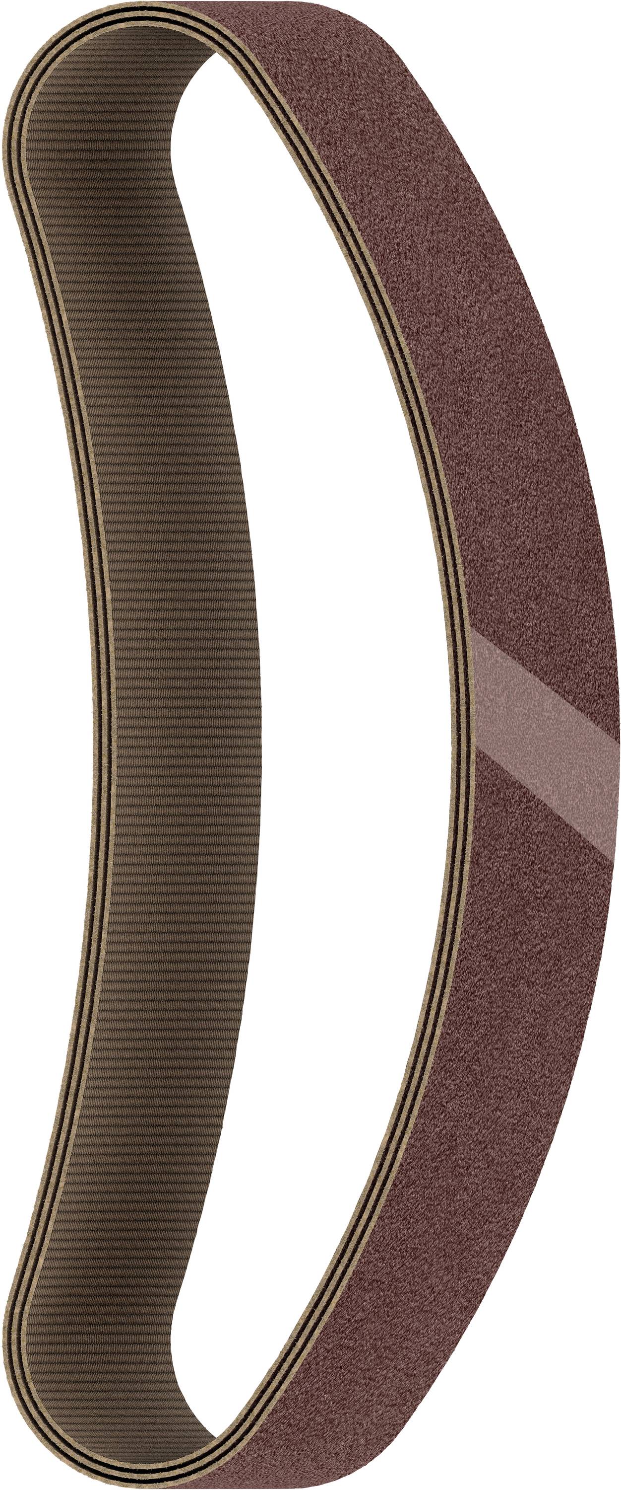 Bande abrasive brune à surface sans couture, présentée de manière incurvée. Adaptée aux machines à poncer dans le travail du bois ou des métaux.