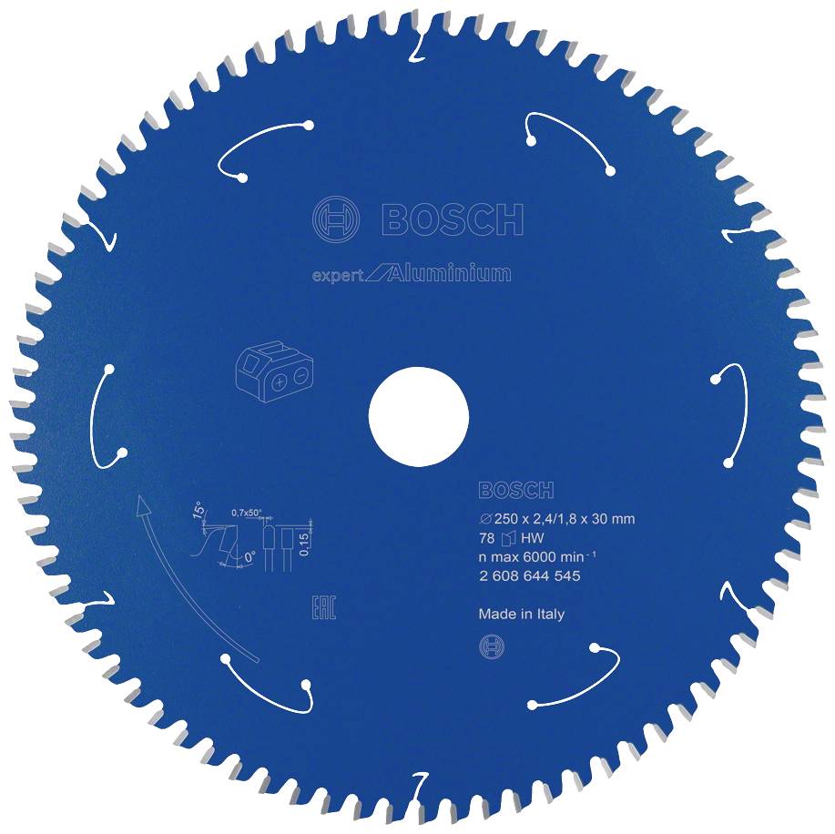 Lame de scie circulaire Bosch pour aluminium avec 78 dents, diamètre 250 mm, vitesse de rotation jusqu'à 6000 tr/min. Fabriqué en Italie.