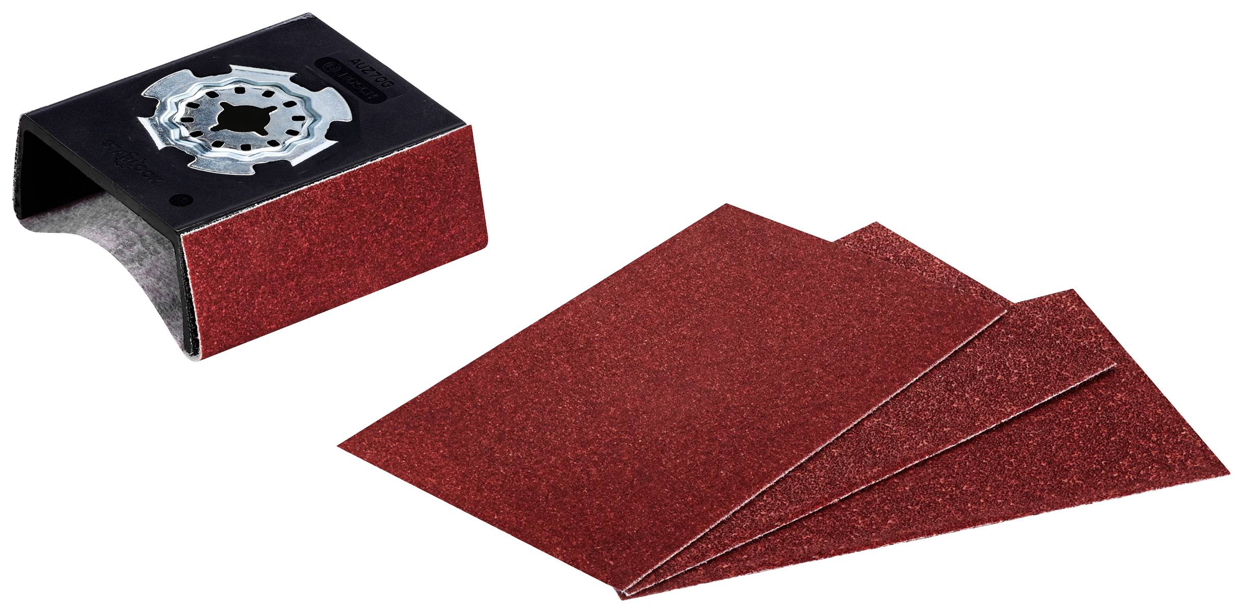 Papier de verre rouge et bloc de ponçage. Accessoires pour travaux de ponçage, montrant deux feuilles et un bloc rectangulaire avec support.