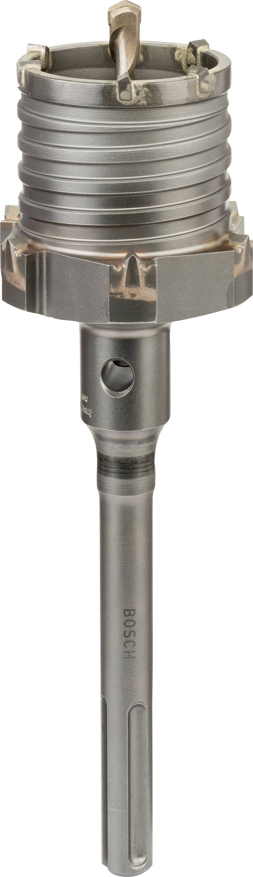 Couronne de forage en métal avec tige cylindrique et tête de coupe dentée, adaptée pour les perçages en béton ou en maçonnerie.