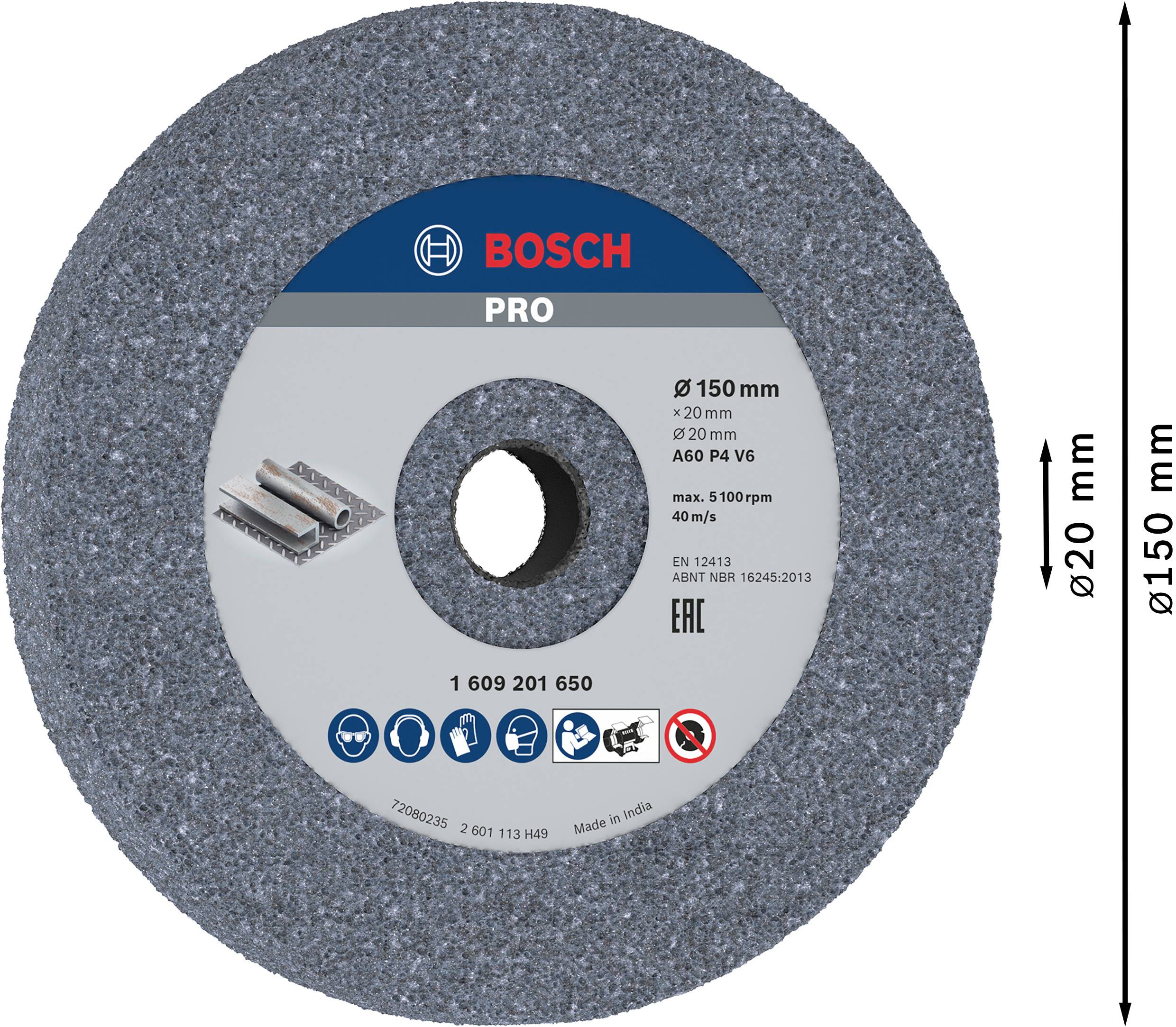 Disque de meulage Bosch Pro, Ø150 mm, alésage Ø20 mm, A60 P4 V6, pour usinage des métaux, numéro de modèle 1 609 201 650.
