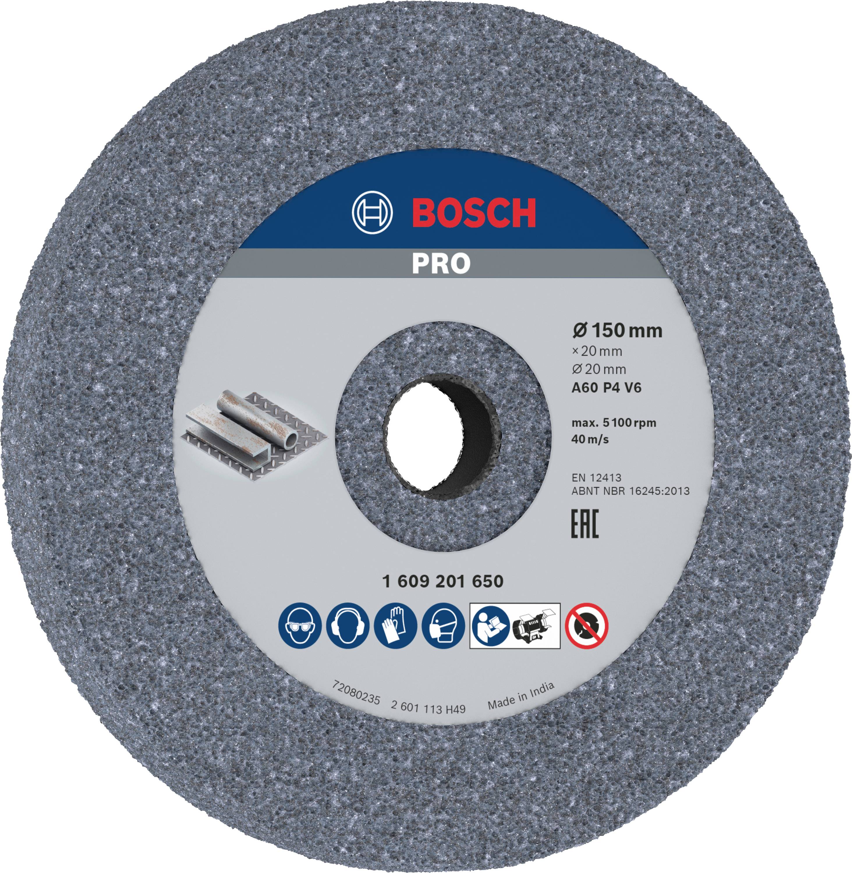 Disque à meuler Bosch PRO, diamètre 150 mm, alésage 20 mm, adapté pour l'usinage des métaux, vitesse de rotation maximale 5100 tr/min.