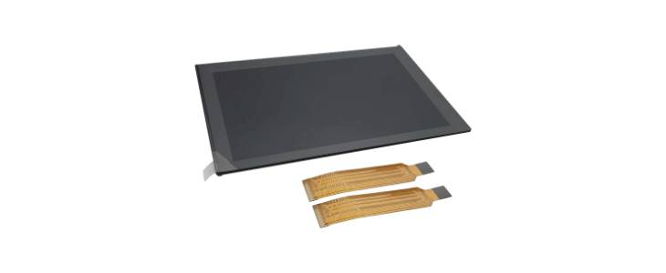 Un panneau tactile rectangulaire avec deux câbles de connexion flexibles.