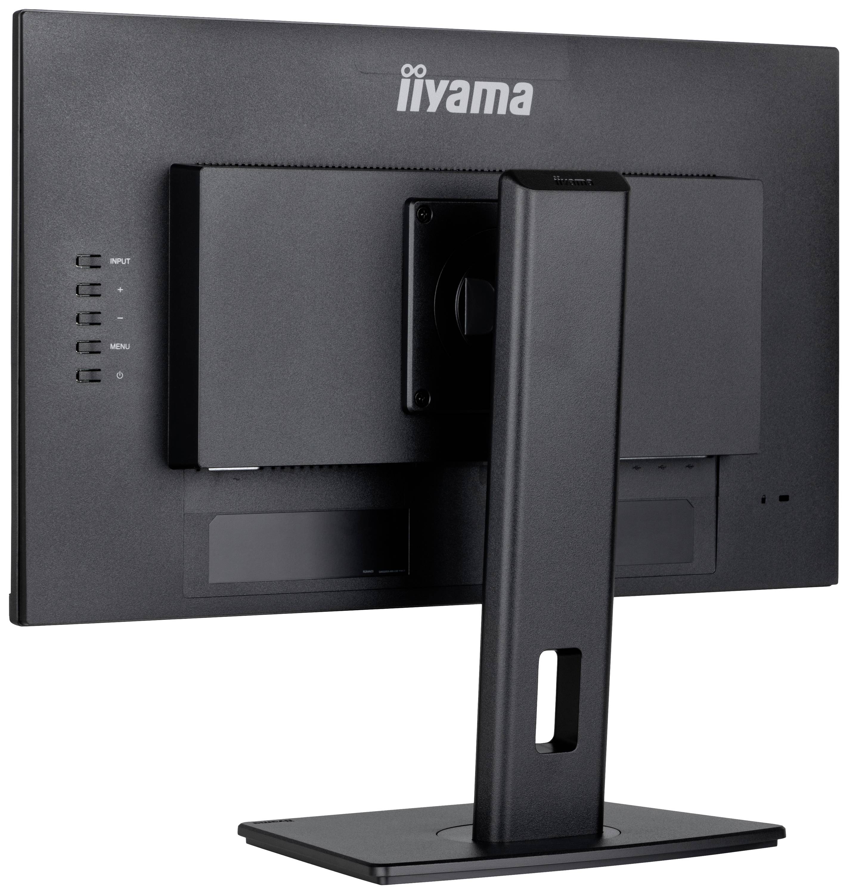 Vue arrière d'un moniteur d'ordinateur noir sur un socle, montrant les commandes sur le côté et le logo de la marque en haut.