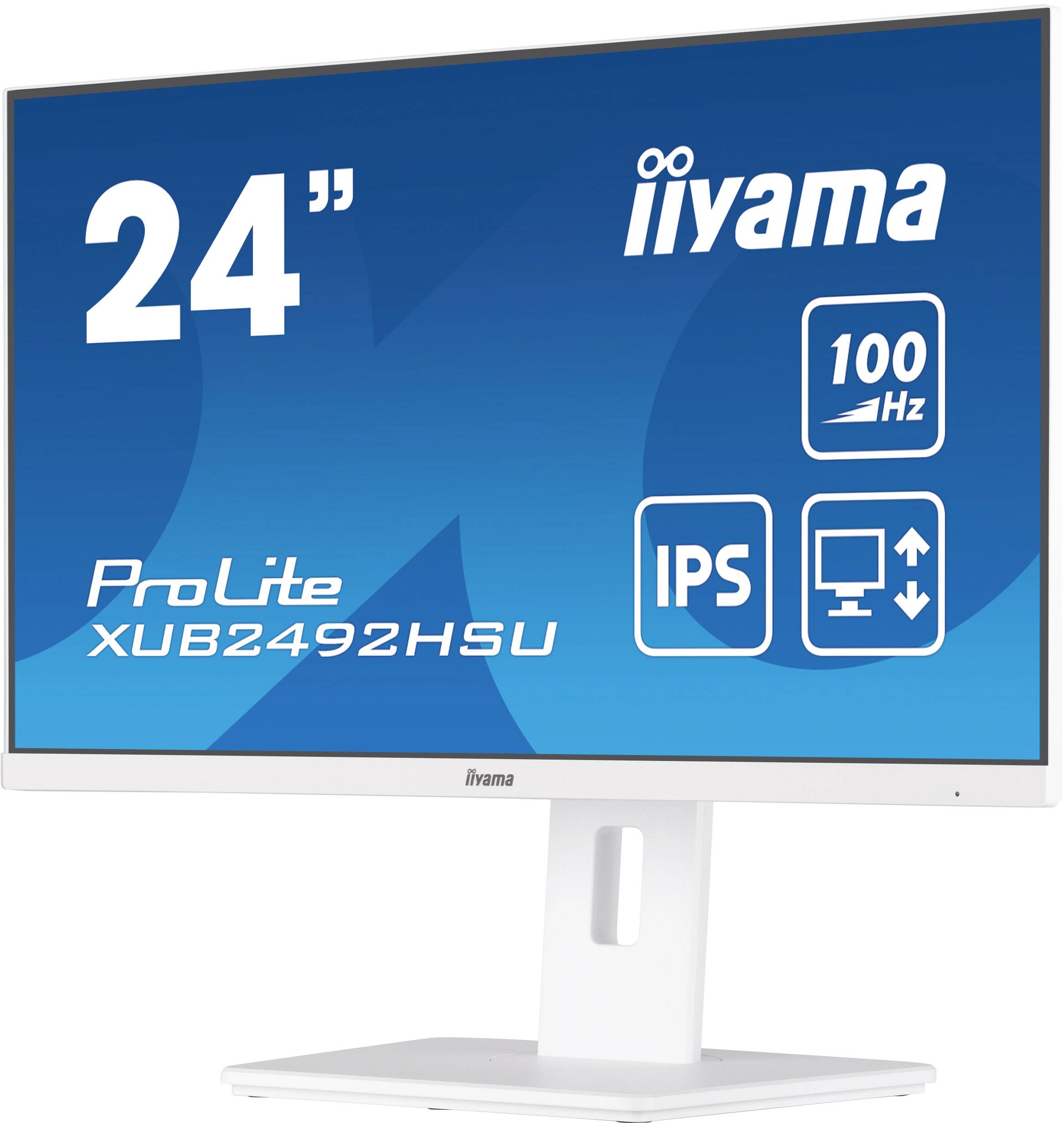 Moniteur iiyama de 24 pouces, modèle ProLite XUB2492HSU. Caractéristiques : taux de rafraîchissement de 100 Hz, panneau de type IPS, socle ergonomique.