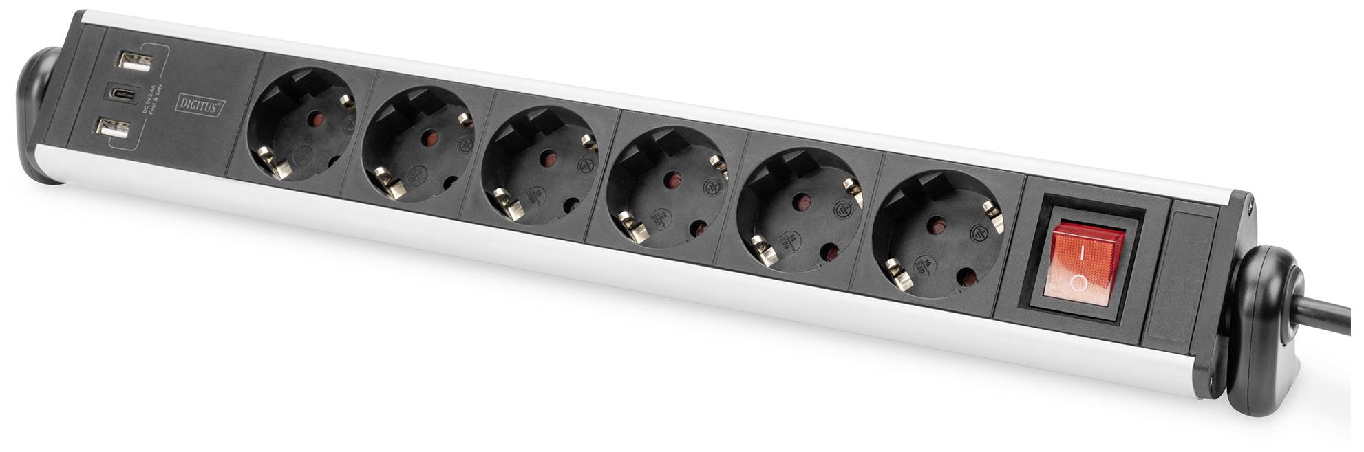 Multiprise à six prises avec ports USB et un interrupteur marche/arrêt rouge, adaptée à l'alimentation électrique simultanée de plusieurs appareils.