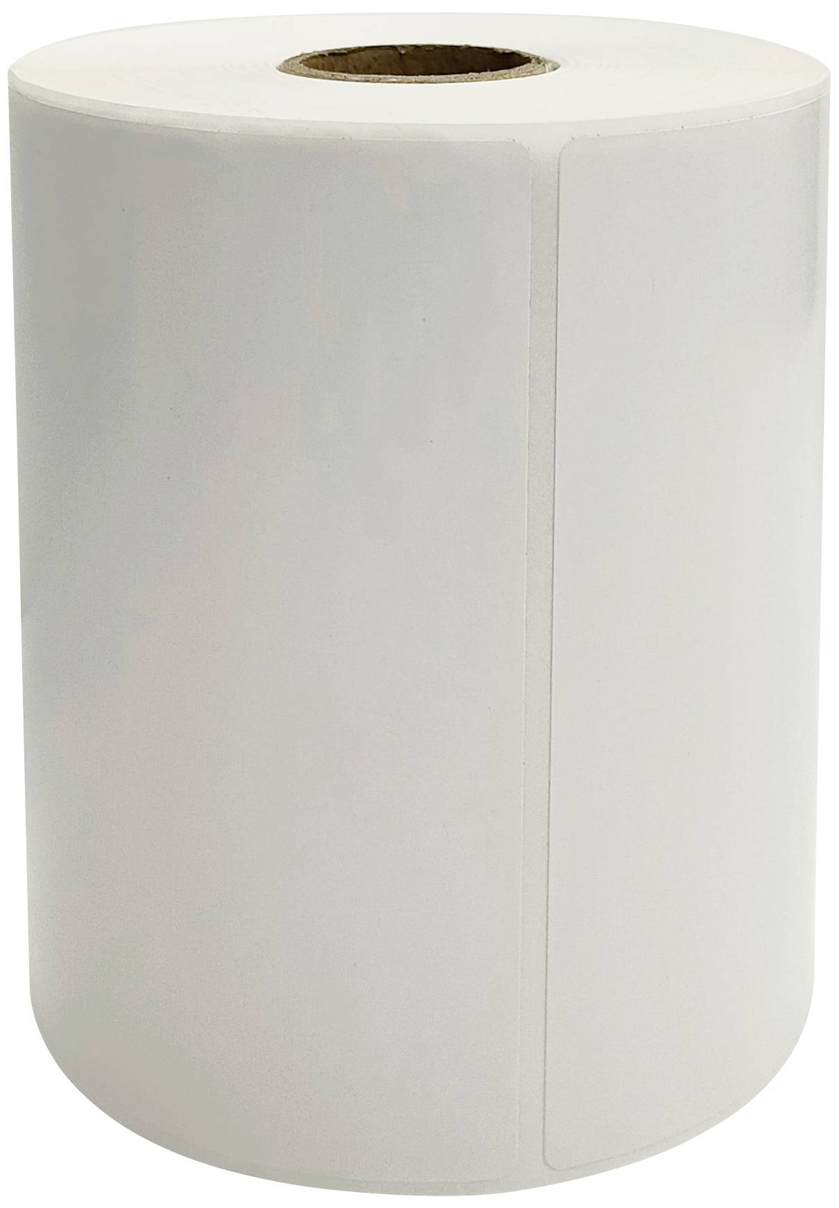 Rouleau de papier blanc, cylindrique, pour imprimante d'étiquettes.