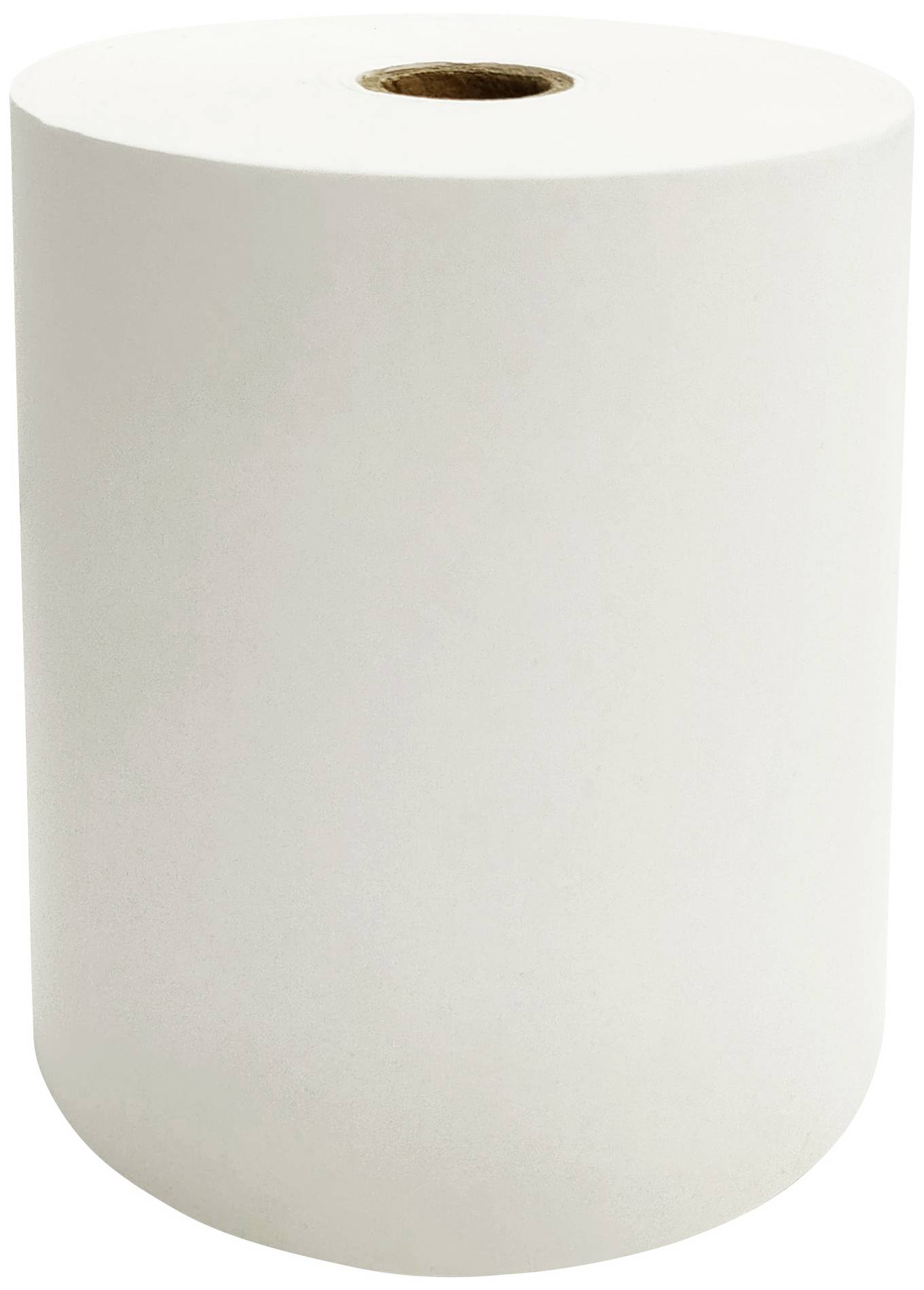 Un grand rouleau de papier blanc est dressé verticalement contre un fond blanc.