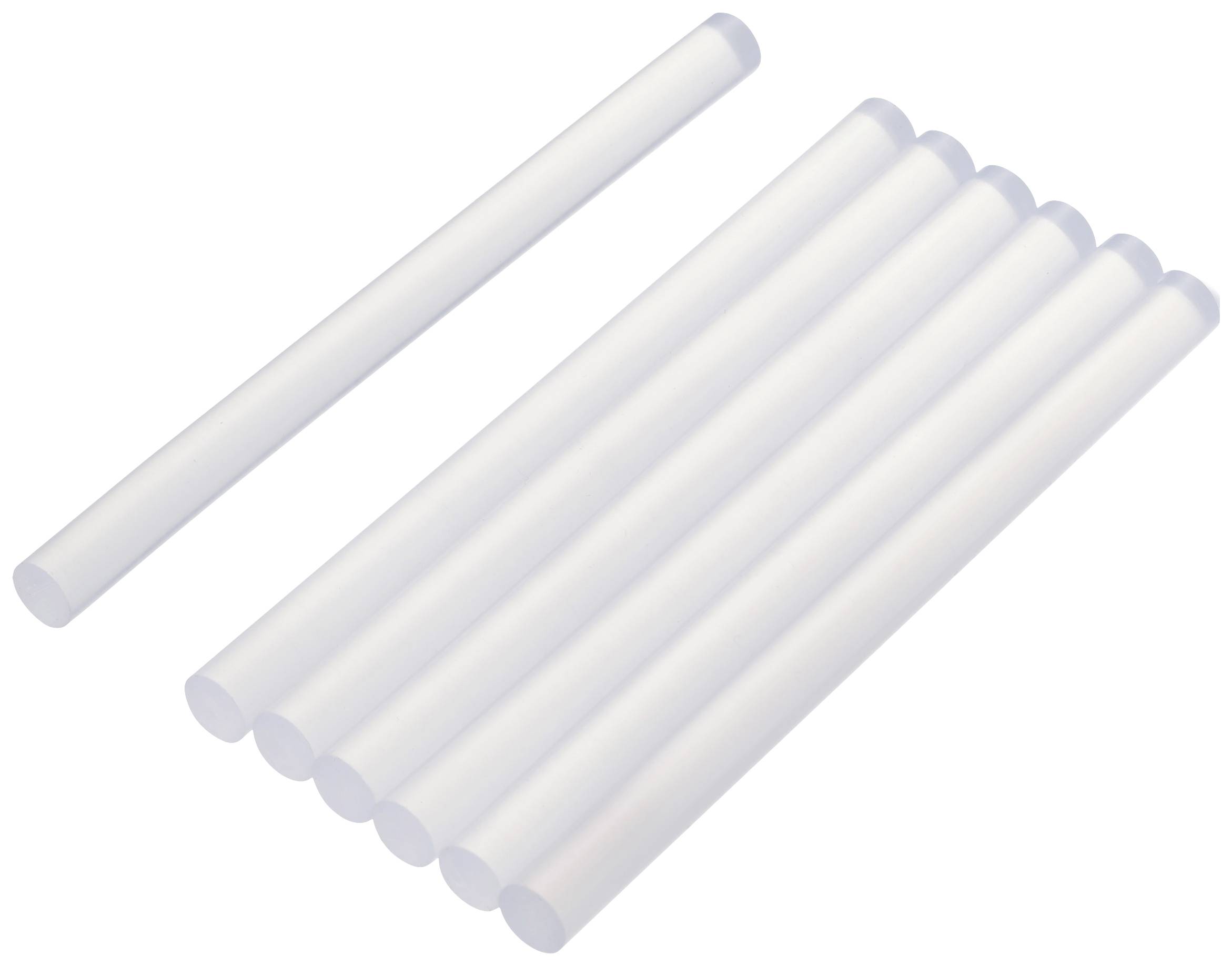 Huit bâtons de colle transparents, sept disposés côte à côte, un séparé. Principalement utilisés dans les pistolets à colle thermique.