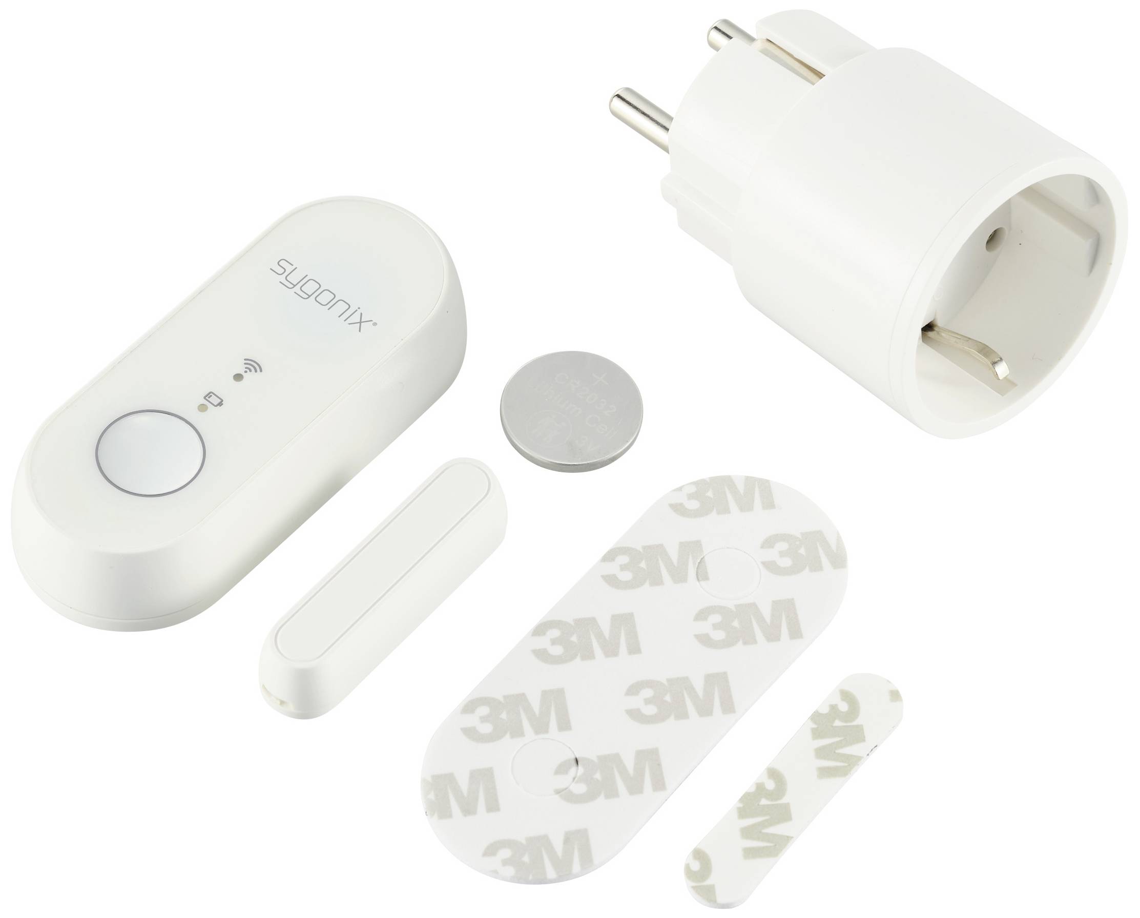 Un ensemble d'appareils domotiques blanc comprenant une prise intelligente, un capteur et ses accessoires : bandes adhésives 3M, aimant et pile bouton.