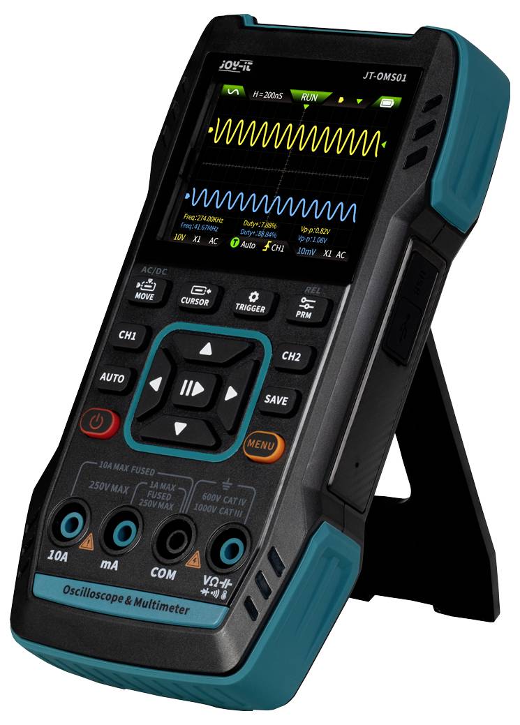 Un oscilloscope portable et multimètre, affichant des signaux en forme d'onde sur l'écran, avec des boutons pour différentes fonctions de mesure.