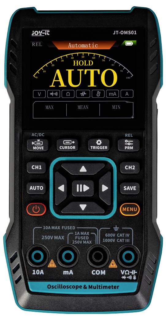 Appareil de mesure électronique avec affichage et touches de sélection de fonctions telles que 'AUTO', tension (V), courant (A) et résistance (Ω).