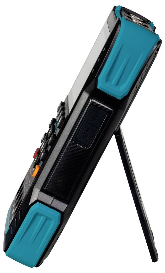 Appareil portable avec support, vue de côté. Boîtier noir avec des accents turquoise, port USB visible.