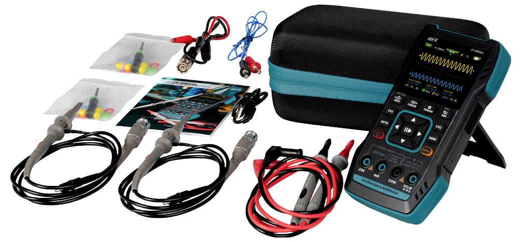 Kit d'oscilloscope portable avec câbles, sondes, sacoche de transport et manuel d'utilisation. Adapté pour les mesures électroniques.