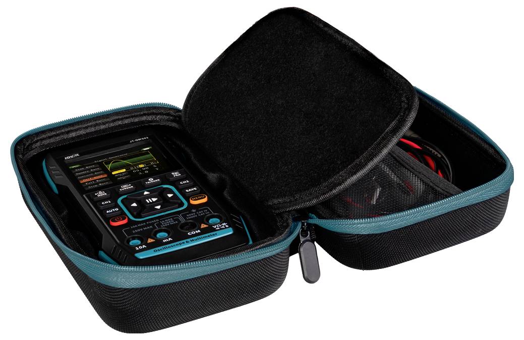 Oscilloscope portable dans un boîtier de protection ouvert, doté de divers éléments de commande et de câbles, représenté sur un écran.