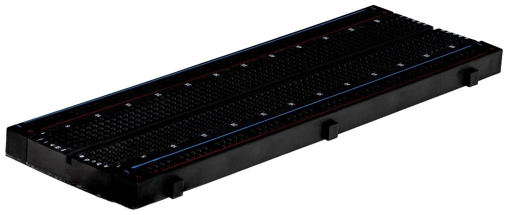 Plaquette de prototypage rectangulaire avec des lignes noires et rouges, utilisée pour la conception de circuits électroniques.