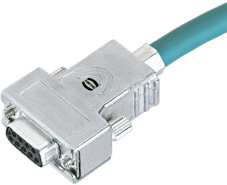 Un connecteur VGA argenté à 9 broches sur un câble bleu, adapté pour connecter des moniteurs ou des projecteurs.