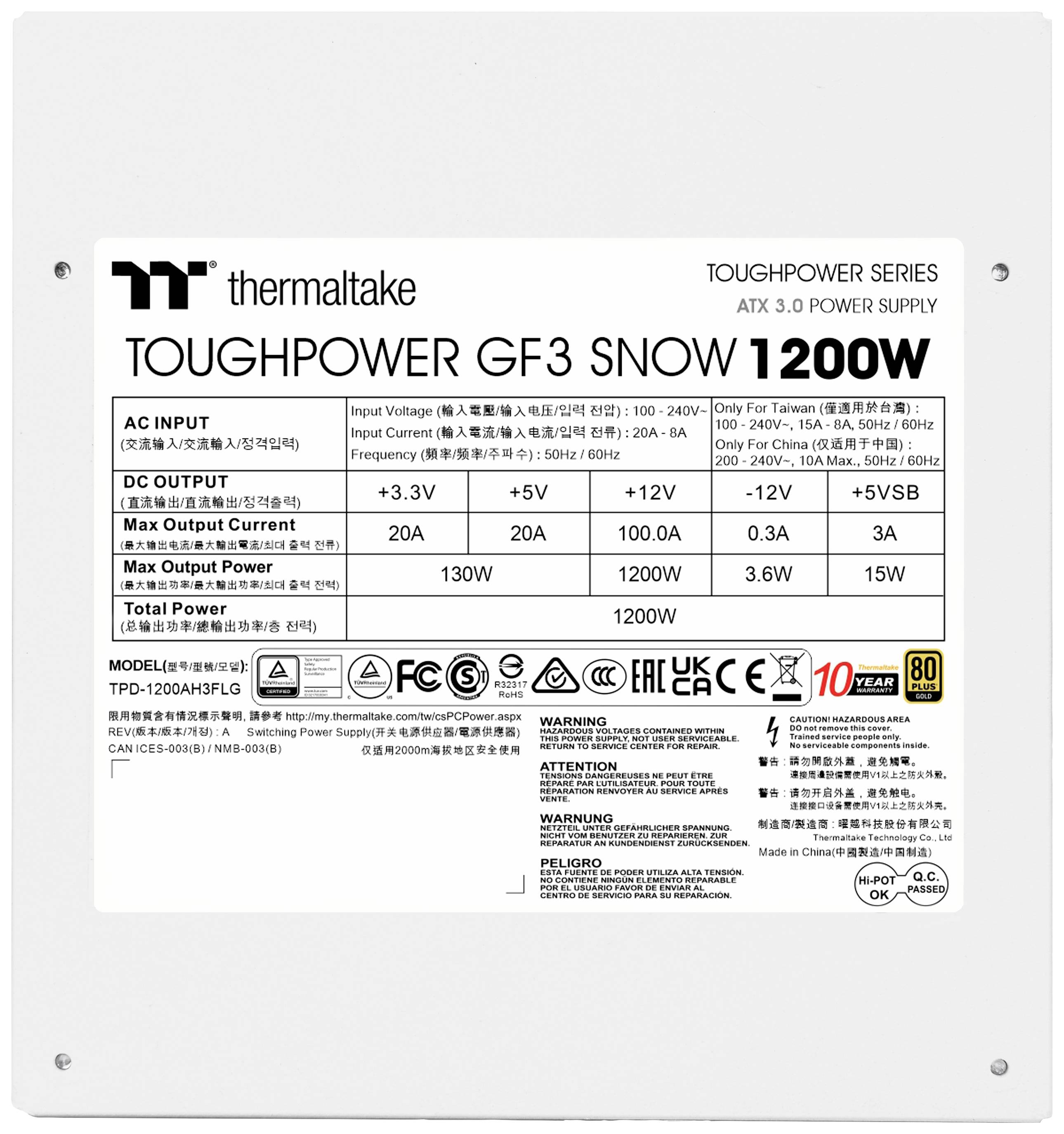 Thermaltake Toughpower GF A3 Snow 1200W Alimentation PC 1200 W ATX 80PLUS® Gold
