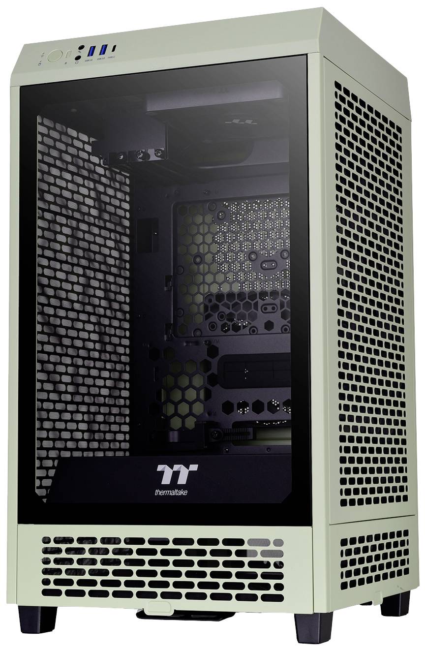 Boîtier d'ordinateur de couleur verdâtre, avec fenêtre latérale transparente et grille alvéolée pour la ventilation, adapté à l'assemblage d'un ordinateur.