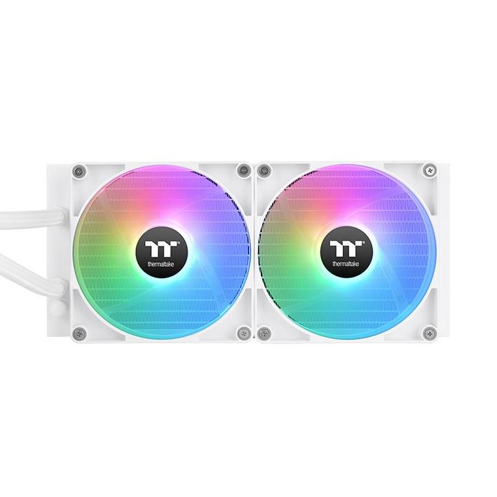 Système de refroidissement double pour ordinateur avec deux ventilateurs LED circulaires lumineux en bleu, vert et rose. Marquage : 'thermaltake'.