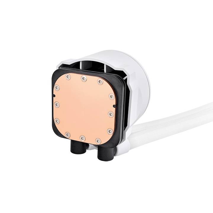 Un dissipateur thermique cylindrique blanc en cuivre, doté de détails en plastique noir, équipé d'une plaque de cuivre ronde et de vis.