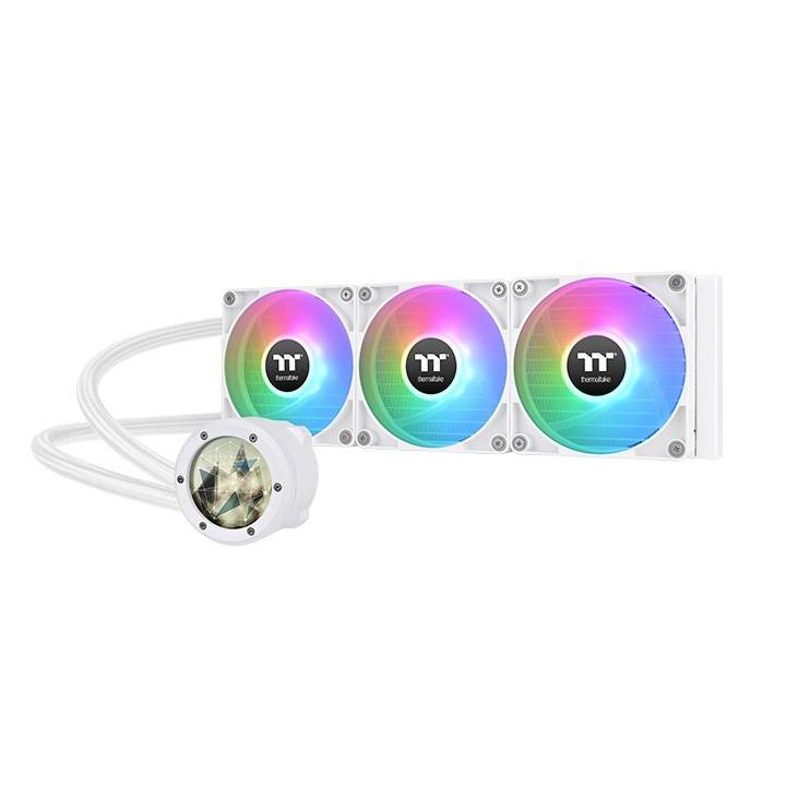 Refroidisseur liquide avec trois ventilateurs LED aux couleurs arc-en-ciel et un bloc d'eau transparent. Idéal pour le refroidissement de PC.