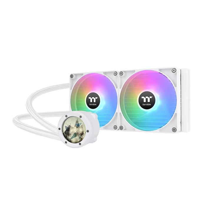 Refroidissement liquide blanc pour PC avec deux ventilateurs lumineux aux couleurs arc-en-ciel, reliés par des tuyaux à une pompe circulaire.