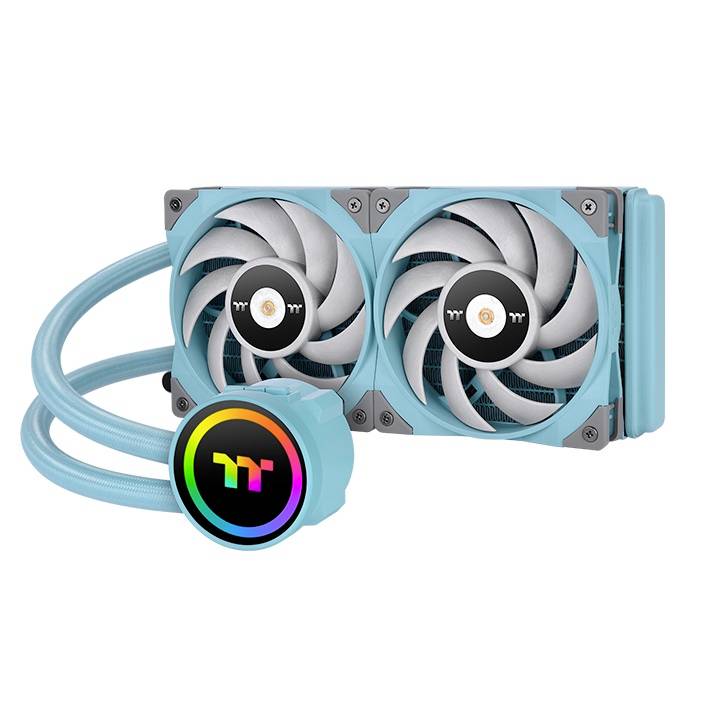 Watercooling pour processeur turquoise avec deux ventilateurs et un logo éclairé sur la pompe. Design des ventilateurs avec un contraste de couleur marquant.