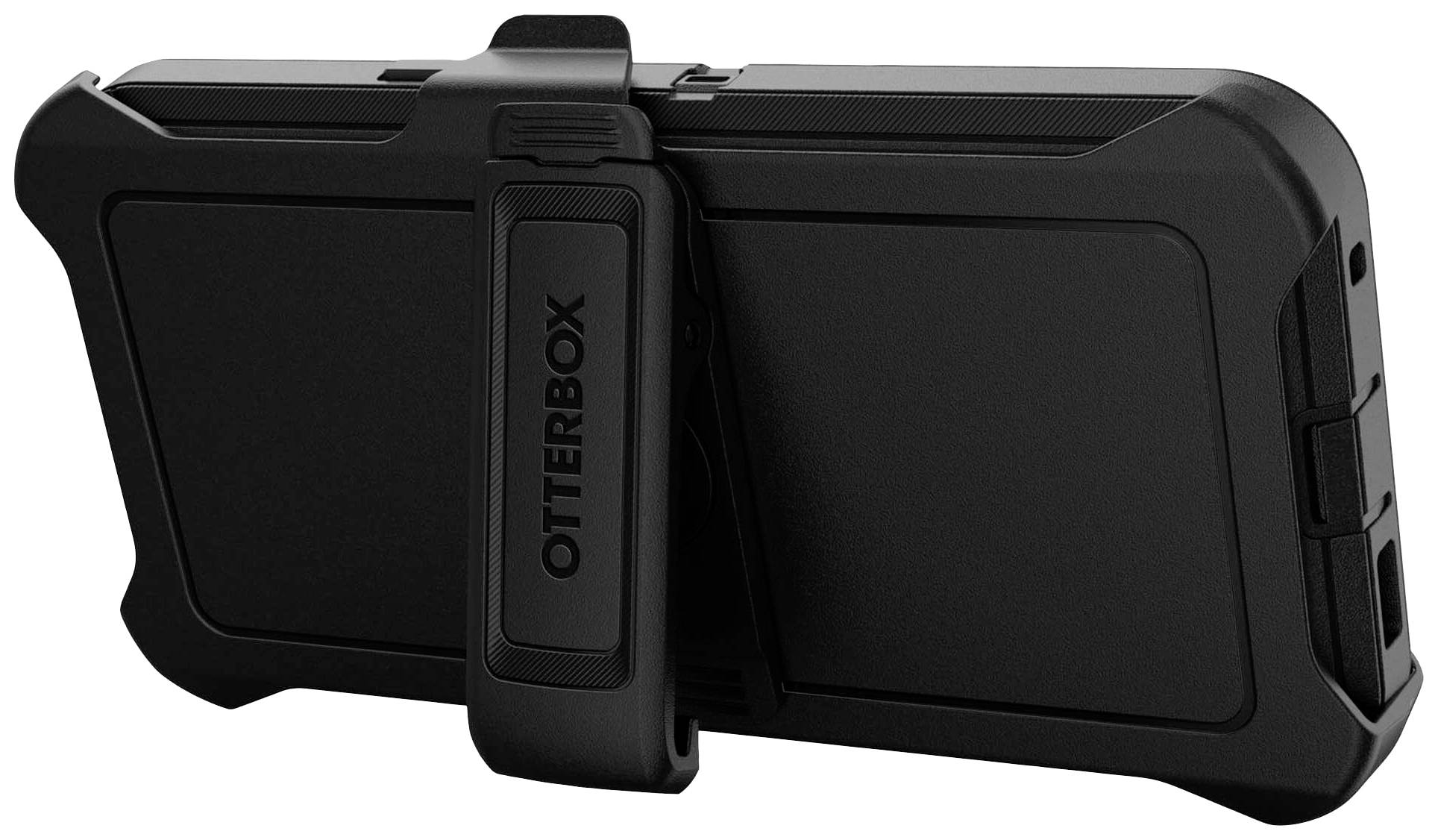 Une coque noire pour smartphone de 'Otterbox' avec un support à clip intégré, maintenant un téléphone en position horizontale.