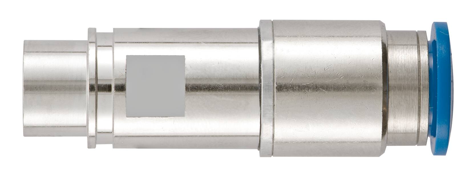 Connecteur pneumatique cylindrique métallique avec joint d'étanchéité bleu, disposé horizontalement.