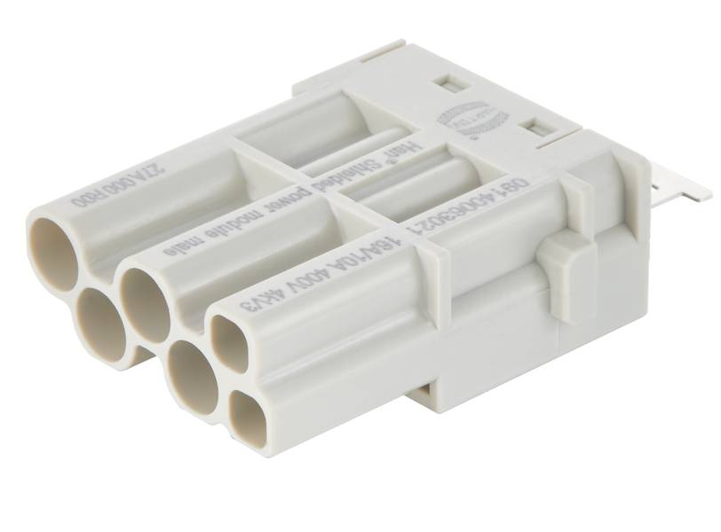 Connecteur électrique gris avec six douilles rondes, adapté aux connexions électriques dans des applications techniques.