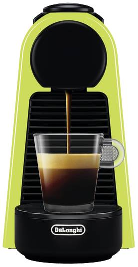 Machine à café verte préparant un espresso dans un verre transparent. La marque 'DeLonghi' est visible.