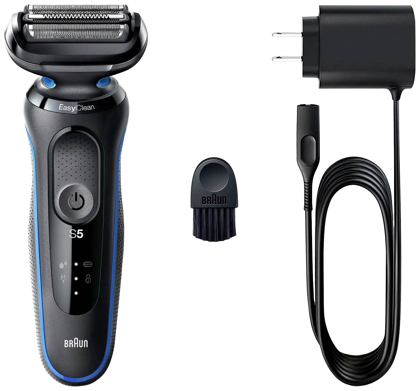 Rasoir électrique avec brosse de nettoyage et chargeur. L'appareil a une poignée noire avec des accents bleus et l'étiquette 'S5'.