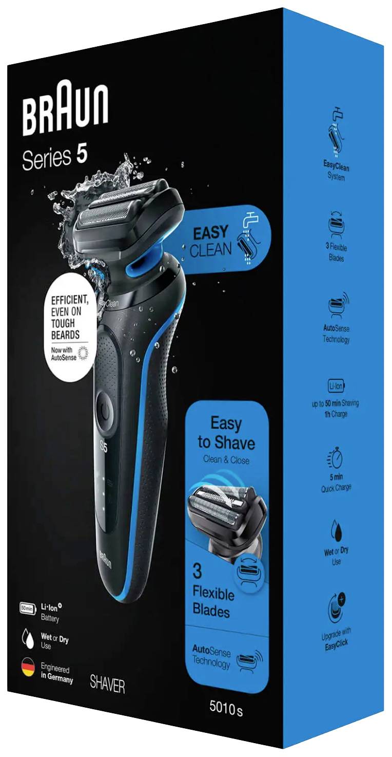 Rasoir électrique Braun Series 5. Caractéristiques : étanche, nettoyage facile, trois lames flexibles, technologie AutoClean.