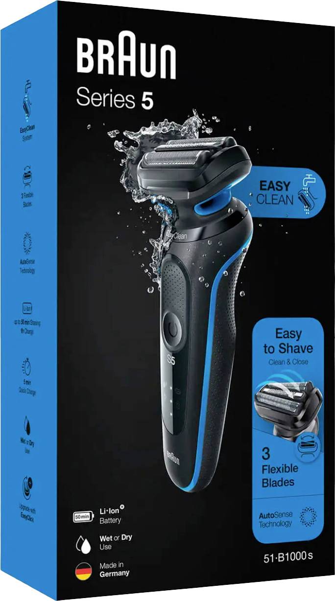 Rasoir électrique Braun Series 5 dans un emballage bleu. Points mis en évidence : nettoyage facile, trois lames flexibles, batterie Li-Ion. Fabriqué en Allemagne.