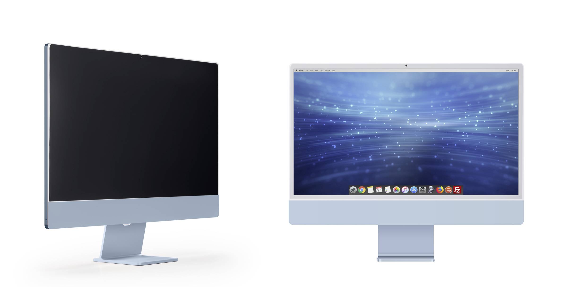 Deux ordinateurs de bureau modernes ; à gauche un écran avec un affichage noir, à droite un ordinateur avec un fond bleu et des icônes.