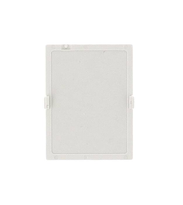 Plaque rectangulaire blanche en plastique ou couvercle, probablement partie d'un boîtier d'appareil, sans détails ou inscriptions visibles.