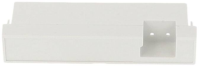 Un boîtier rectangulaire blanc en plastique avec une zone découpée et deux petits trous.