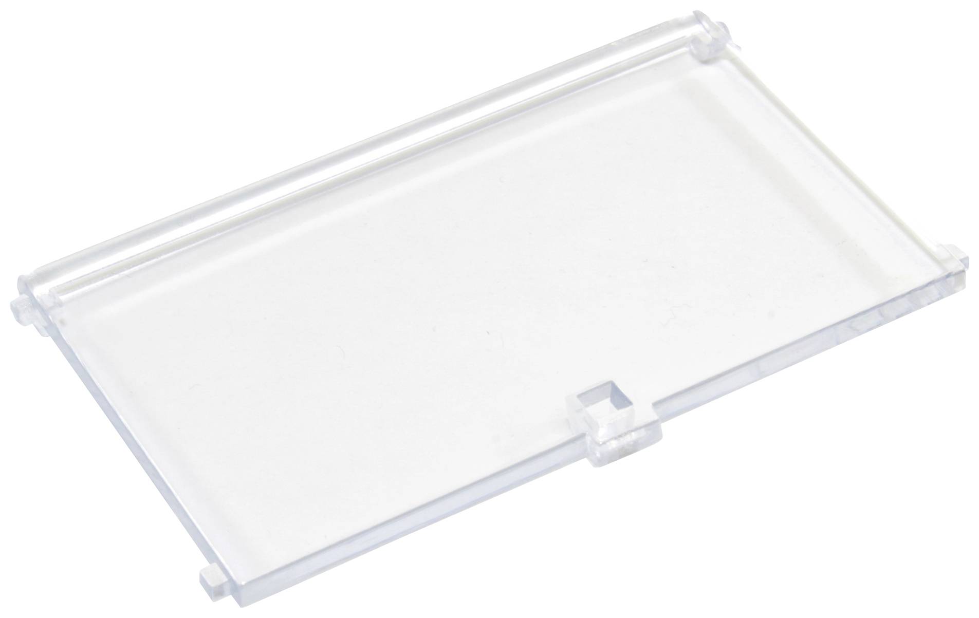 Couvercle rectangulaire transparent en plastique sur un fond blanc, probablement destiné à un conteneur ou à un dispositif.