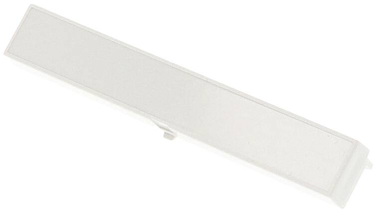 Clip rectangulaire blanc en plastique, vu de côté, potentiellement utilisable comme fermeture ou support.